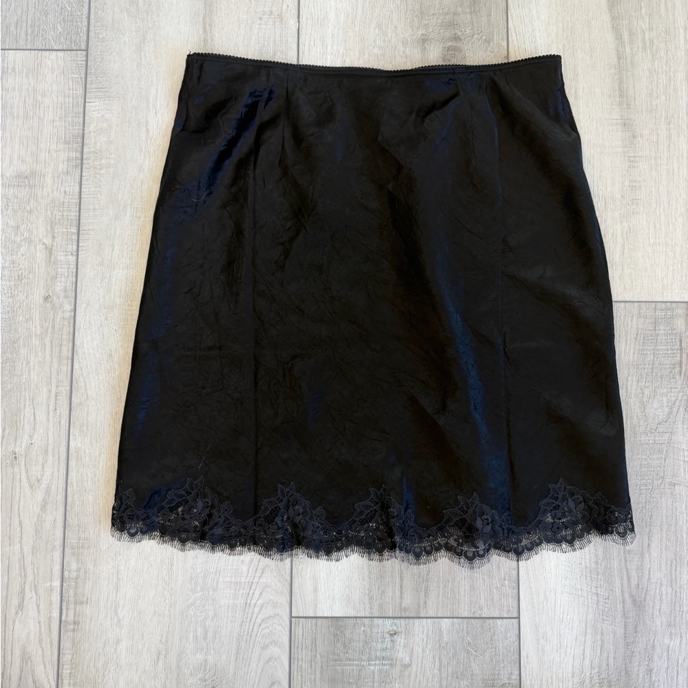 J. Crew | Satin Black A-Line Skirt with Lace Hem